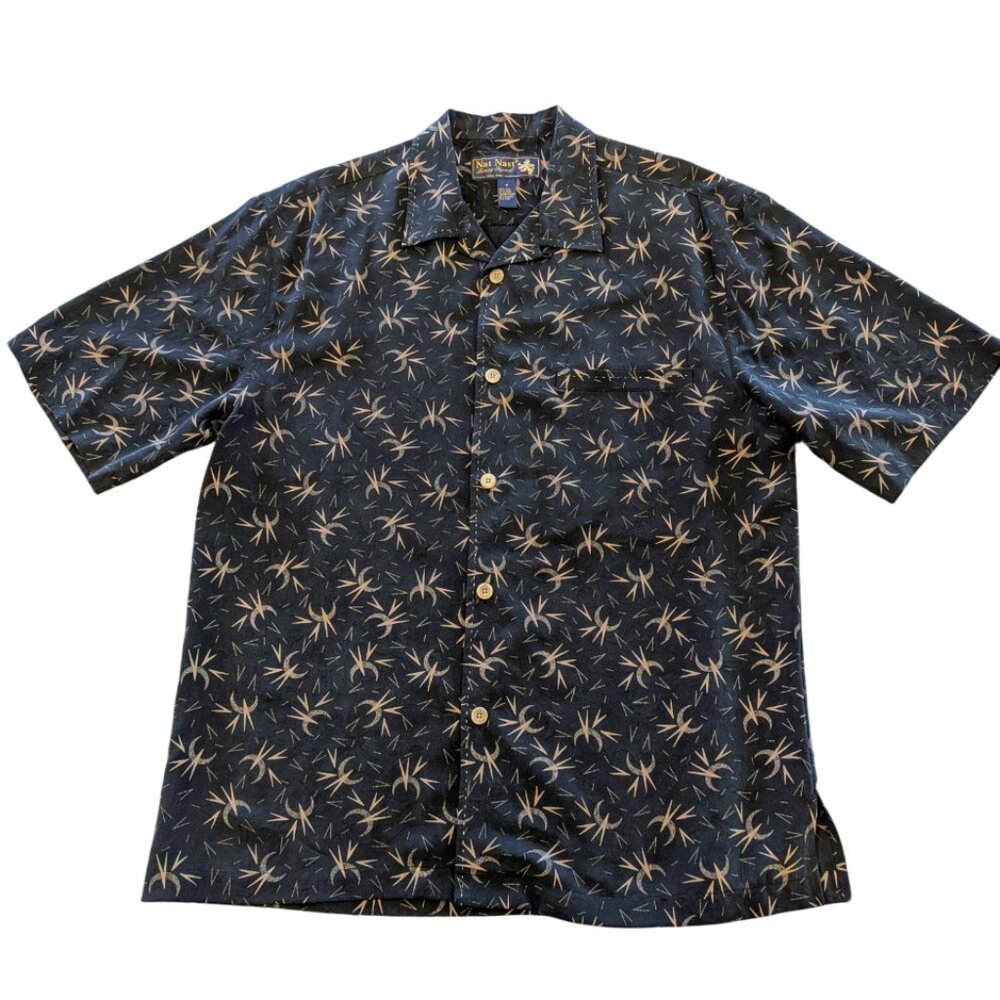 NAT NAST "In The Mood" 100% Silk Shirt M Button Down Men's Black Gold Tan